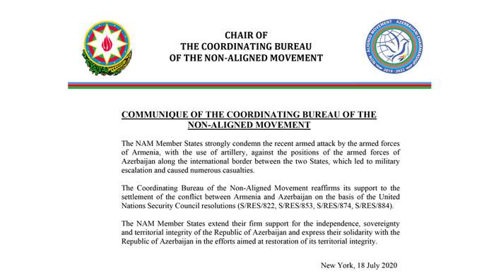 The Coordinating Bureau of the Non-Aligned Movement adopted Communique on the military provocation of the Armenian armed forces at the Azerbaijan-Armenian border